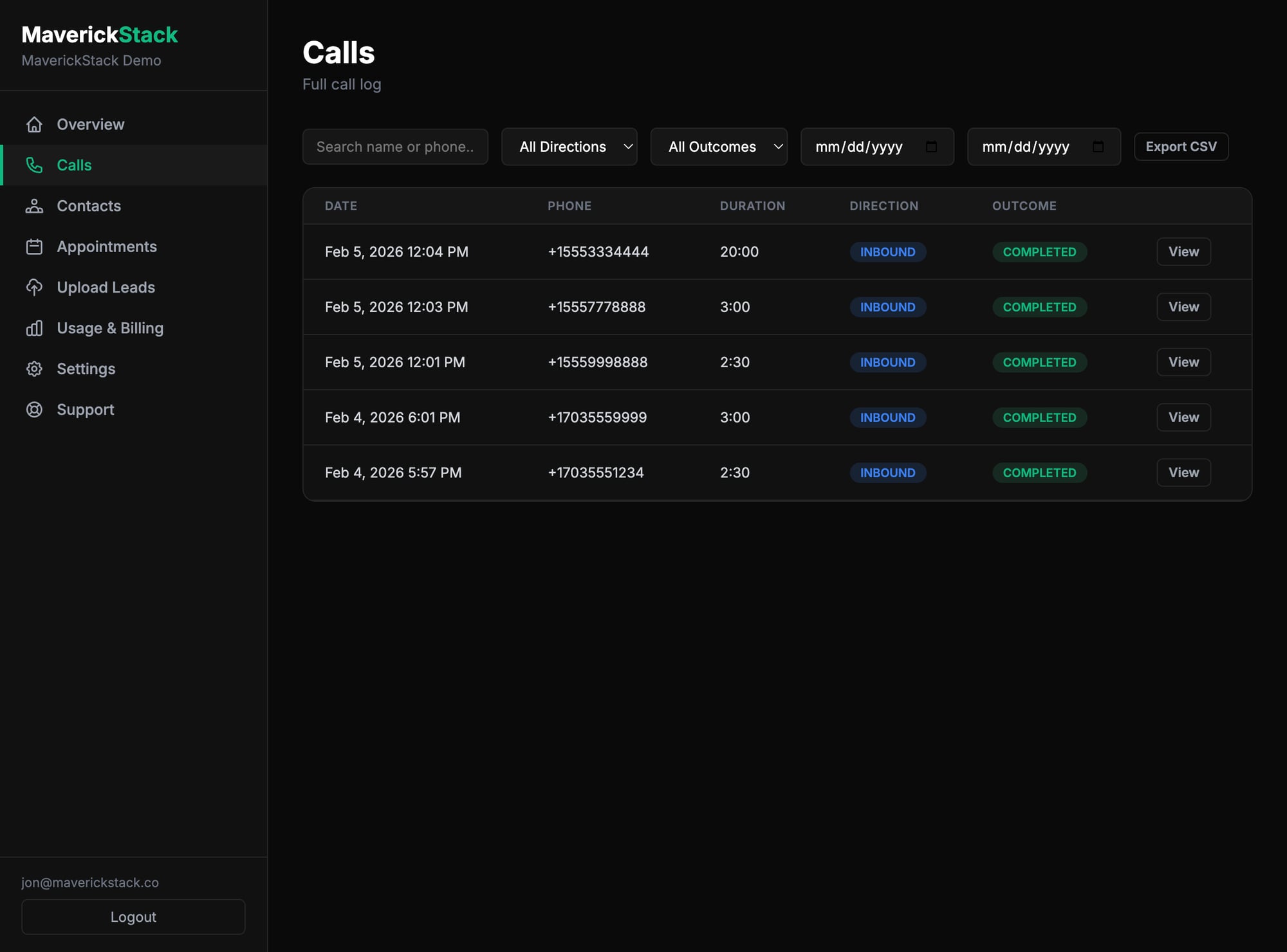 Live call dashboard